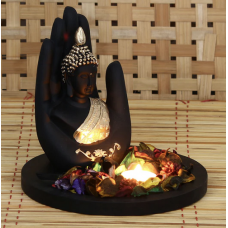 Polyresin Black and Golden Handcrafted Palm Buddha Statue with Wooden Base Tealight Candle Holder