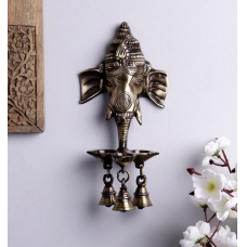 Golden Brass Ganesha Wall Hanging Diya with with Three Wicks and Bells