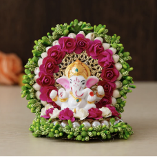 Polyresin Lord Ganesha Idol on Handcrafted Green Floral Plate for Home, Office and Car Dashboard