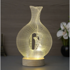 Pot with Bird Design Carved on Acrylic & Wood Base Night Lamp (With Rechargeble Battery)