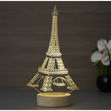 Eiffel Tower Design Carved on Acrylic & Wood Base Night Lamp (With Rechargeble Battery)