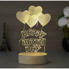 Happy Birthday Heart Design Carved on Acrylic & Wood Base Night Lamp (With Rechargeble Battery)