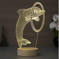 Dolphin Design Carved on Acrylic & Wood Base Night Lamp (With Rechargeble Battery)