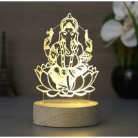 Lord Ganesha Design Carved on Acrylic & Wood Base Night Lamp (With Rechargeble Battery)