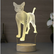 Standing Cat Design Carved on Acrylic & Wood Base Night Lamp (With Rechargeble Battery)