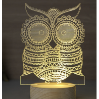 Owl Design Carved on Acrylic & Wood Base Night Lamp (With Rechargeble Battery)