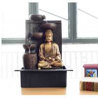 Polystone Brown and Golden Meditating Lord Buddha Water Fountain with LED Light Effects and Water Pump for Home/Office Decor