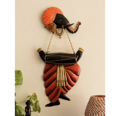 Orange and Black Wrought Iron Lord Ganesha Playing Dholak Wall Hanging